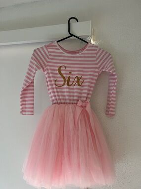 Pink 'Six' Striped Tulle Birthday Dress for Girls